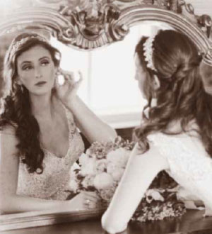 Bride in a mirror, black and white photo